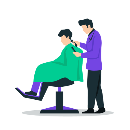Illustration: A virtual CFO shown as a barber giving a haircut